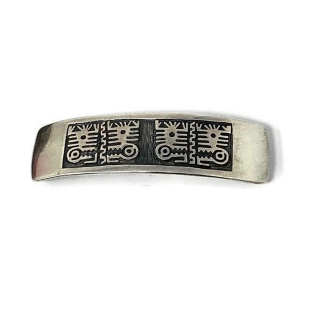 Vintage Mexico Heavy Sterling 925 Aztec Mayan Stamped Large Barrette: 35.8g